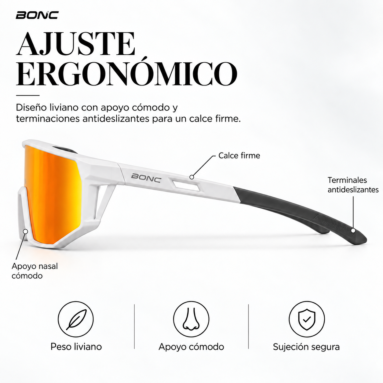 Ajuste ergonómico BONC RAVEN: diseño liviano, apoyo nasal cómodo y terminales antideslizantes grises.